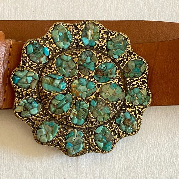 Coldwater Creek Womens Leather Belt Med Turquoise Chips Medallion Brass Buckle main image 5